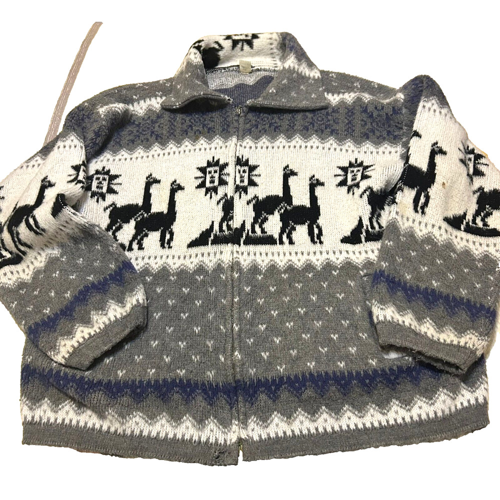 Artisan Ecuador Zip Up Sweater Jacket Mens M/L Knit Gray White Wool Llamas